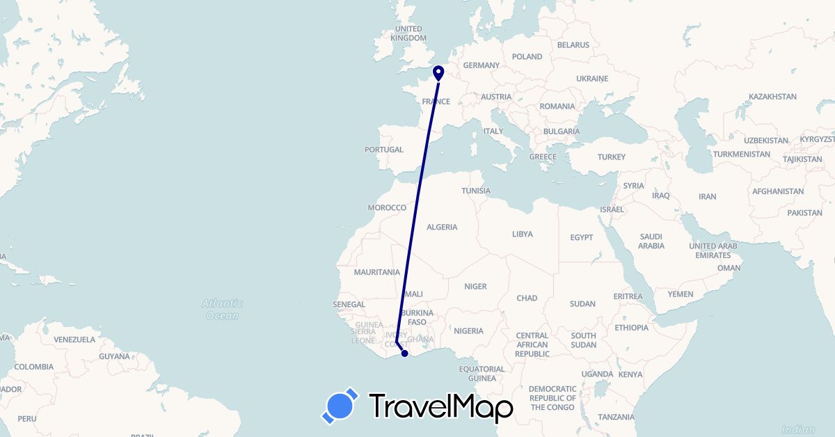 TravelMap itinerary: driving in Côte d'Ivoire, France (Africa, Europe)